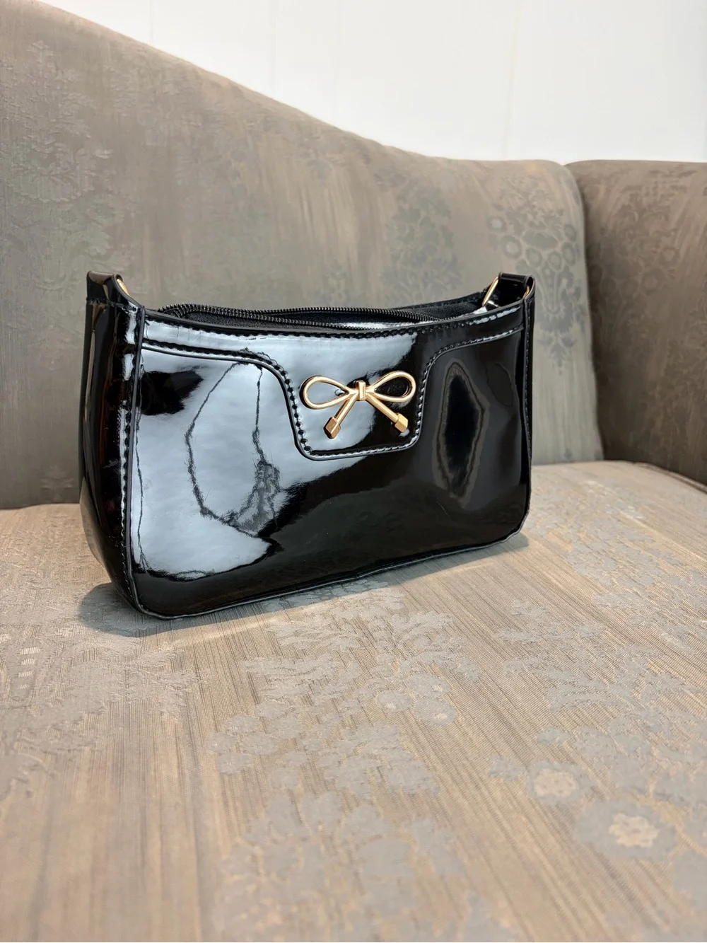 Ava Lane Patent Leather Black Mini Shoulder Bag with Gold Bow Accent - NEW